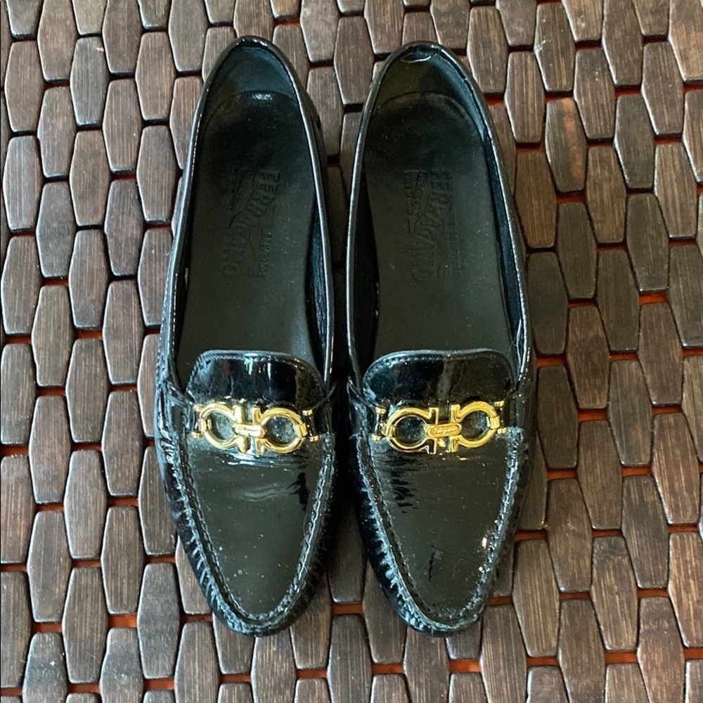 Salvatore Ferragamo Loafer Black Patent Leather Slip On Size 7